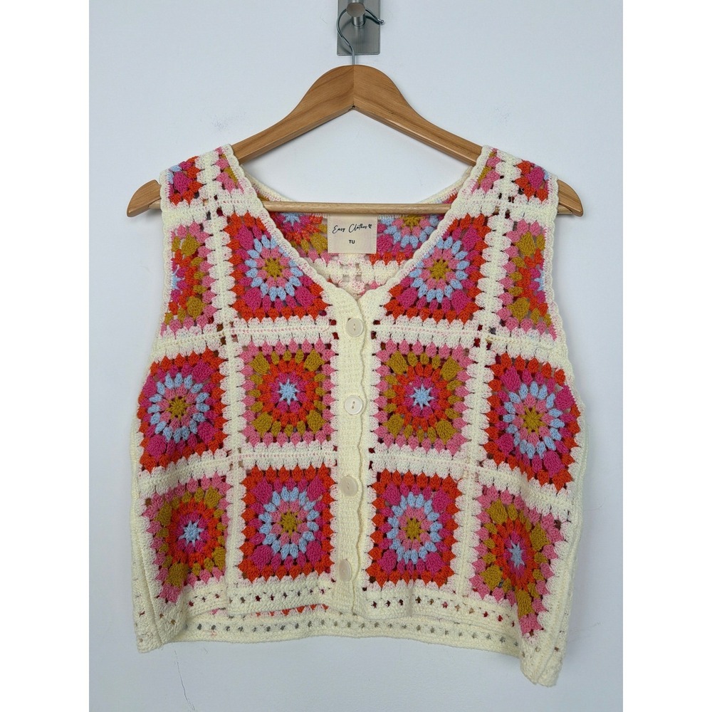 Easy Clothes Aimee Top Pink Orange Granny Square Crochet Boho Vest